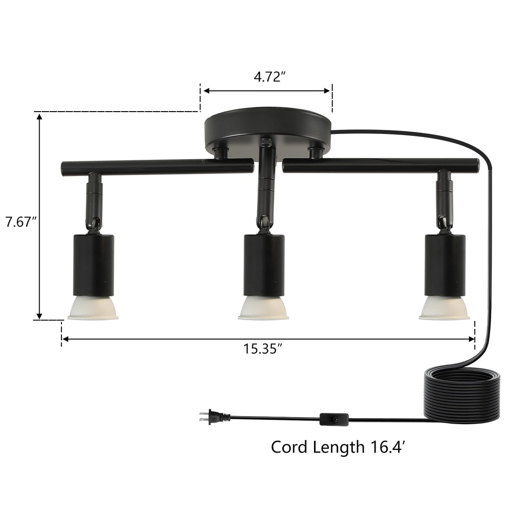 Plug in Track Lighting,Plug in Ceiling Light Fixture,Balck 3 Light Track Light with 16.4' Long Cord,3 Way Ceiling