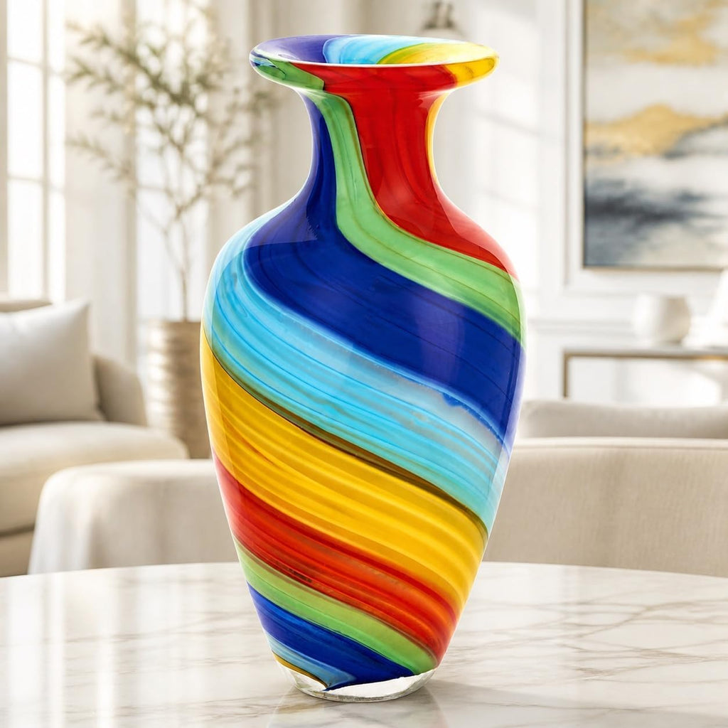 Rainbow Murano-Style Art Glass Vase - 10" Tall Mouth-Blown Glass Vase - Contemporary Home Decor Accent Piece