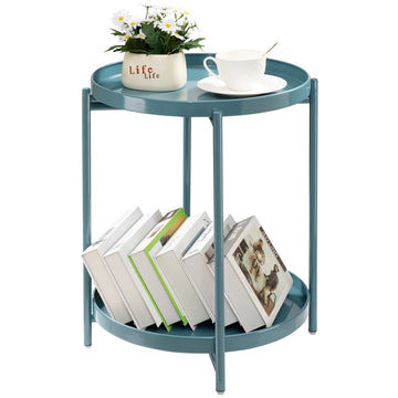 2 Tier Round Side Table, Folding Round Metal End Table Small Nightstand with Two Removable Tray Living Room Bedside