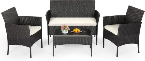 4-Piece Patio Furniture Set | Outdoor Wicker Furniture with Coffee Table | Modern Rattan Chairs Conversation Set | Outdoor Seating | Weather-Resistant | Black | for Porch, Garden, Lawn A106-B07NZNZXMV