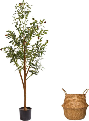 4FT Artificial Olive Tree Indoor, Tall Faux Olive Tree with Pot&Basket, Large Fake Olive Tree with Realistic 576 Silk