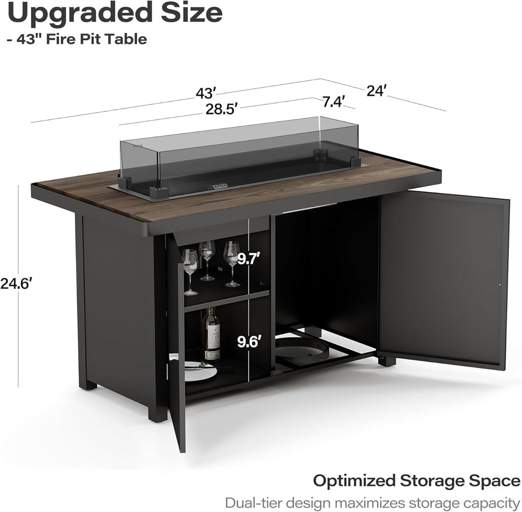 Propane Fire Pit Table 43 Inch with Lid, 55,000 BTU Gas Fire Pits for Outside Patio with Glass Wind Guard