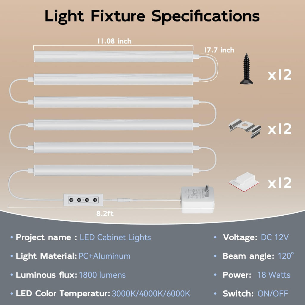 6 Pack Under Cabinet Lighting Plug in, Dimmable & 3 Color Temps