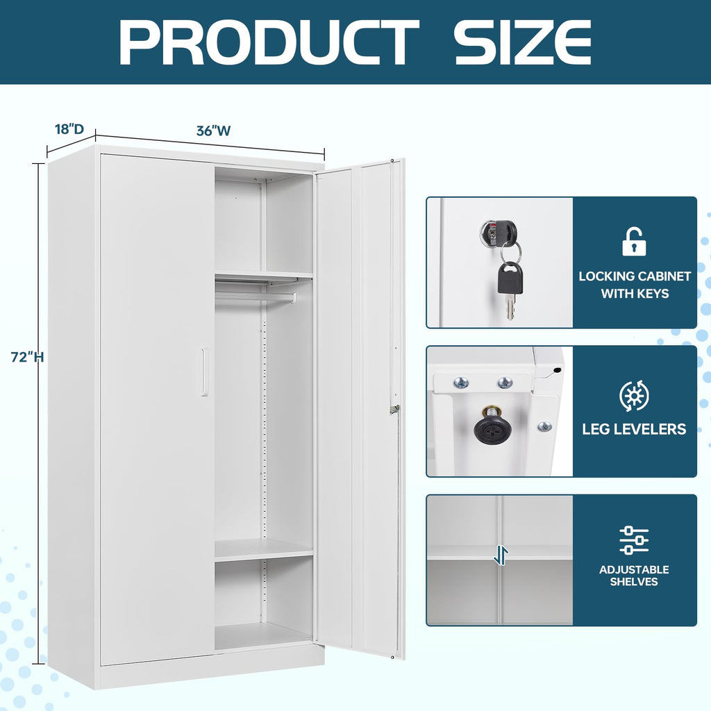 Metal Clothing Storage Locker, Steel Wardrobe Cabinets with Shelves and Hanging Rod, 72" Large Storage Locker Closet