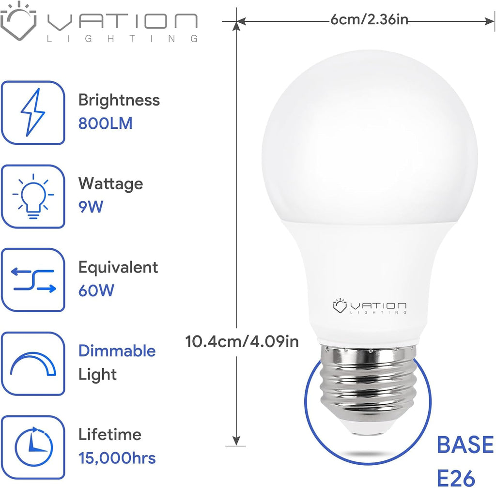 A19 Dimmable LED Light Bulbs, 60 Watt Equivalent 9W, 5000K Daylight, 800 LM