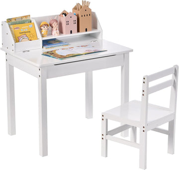 Bamboo Toddler Desk and Chair Set with Lift-Top Storage, Kids Study Table with Hutch and Bookshelf, Writing Reading