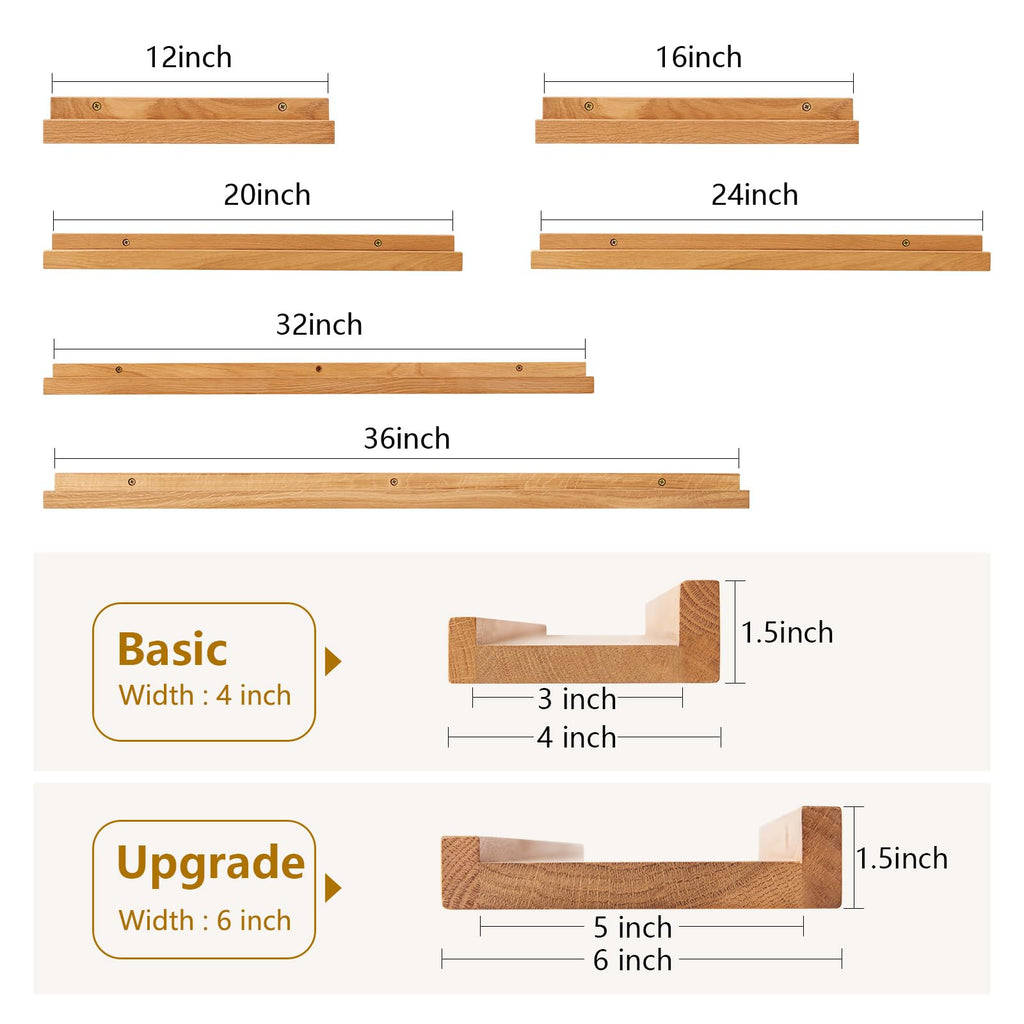 Oak Floating Shelves for Wall 12 Inch (Width 4"), Natural Wood Wall Shelves Display Picture Ledge Shelf Bedroom