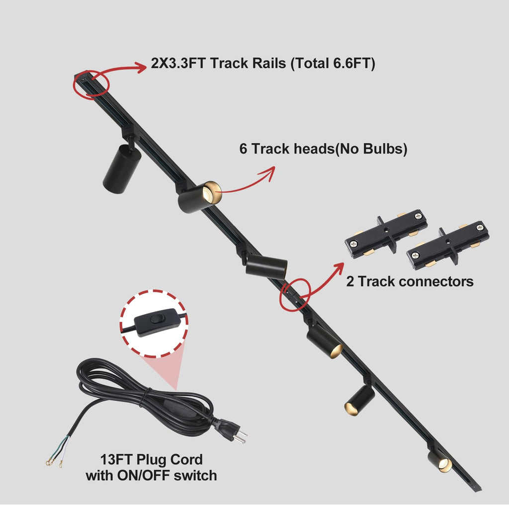 Plug in Track Lighting with Power Cord, 6-Light GU10 Track Lighting Kit with 6.6FT H Type Track Lighting Rails