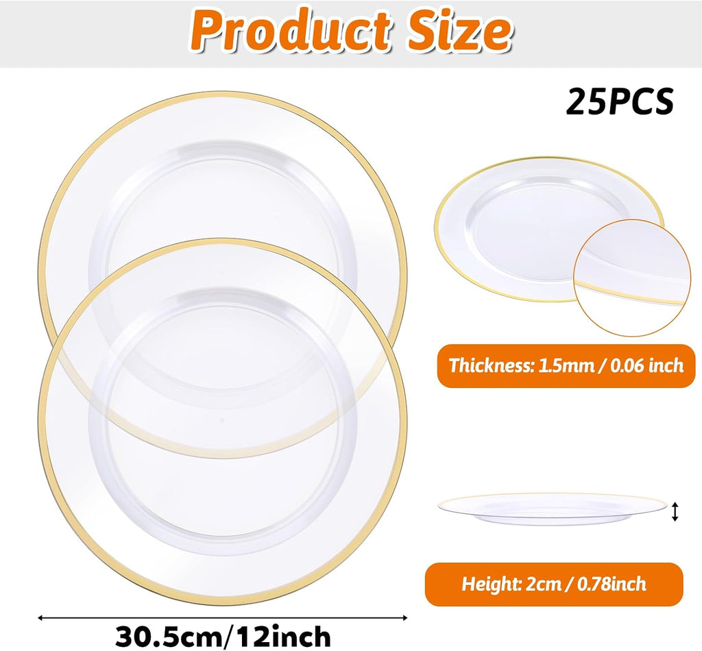 Inch Gold Charger Plates, Clear Charger Plates with Gold Trim, Disposable Plastic Charging Plate Bulk - Set of 25