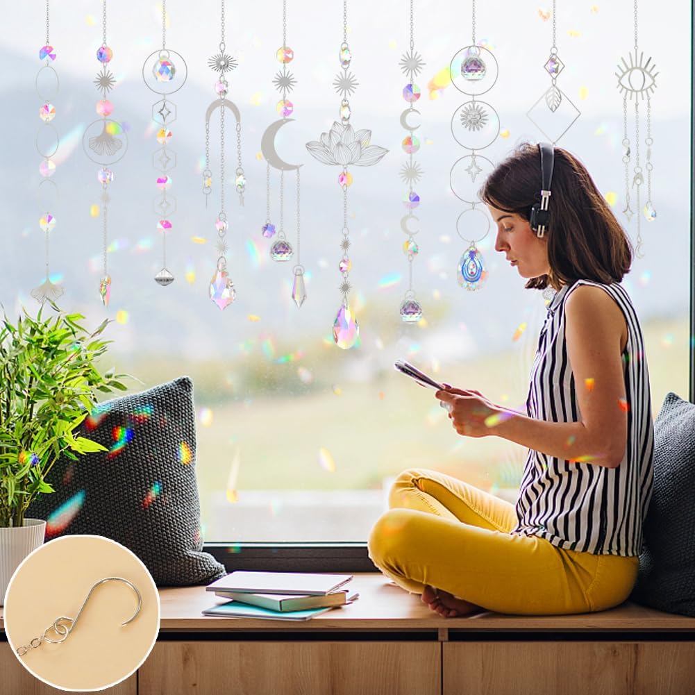 Sun Catchers, 10 Pcs Crystal Suncatcher Prism Hanging Kit for Indoor Window - Rainbow Maker Crystals Balls Pendants