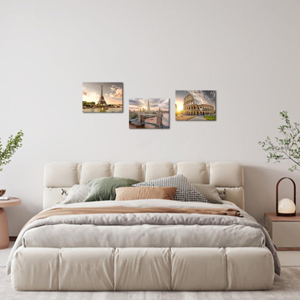 European Cityscape Wall - Paris Eiffel Tower, London, Rome Canvas Prints - Framed Landscape Paintings Decor - Ready