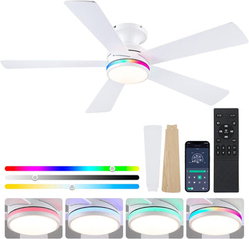 46" Flush Mount RGB Ceiling Fans with Lights - White Low Profile Ceiling Fan Light with Remote/APP, RGB+3CCT 6 Wind Speeds and Reversible, Modern Fan Light Fixture for Party, Kiad's Room A101-B0F1L6V1M2
