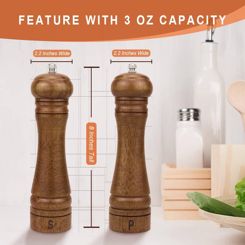 Wood Salt and Pepper Grinder Set Salt Mill Pepper Grinder Set 8 inches - Set of 2