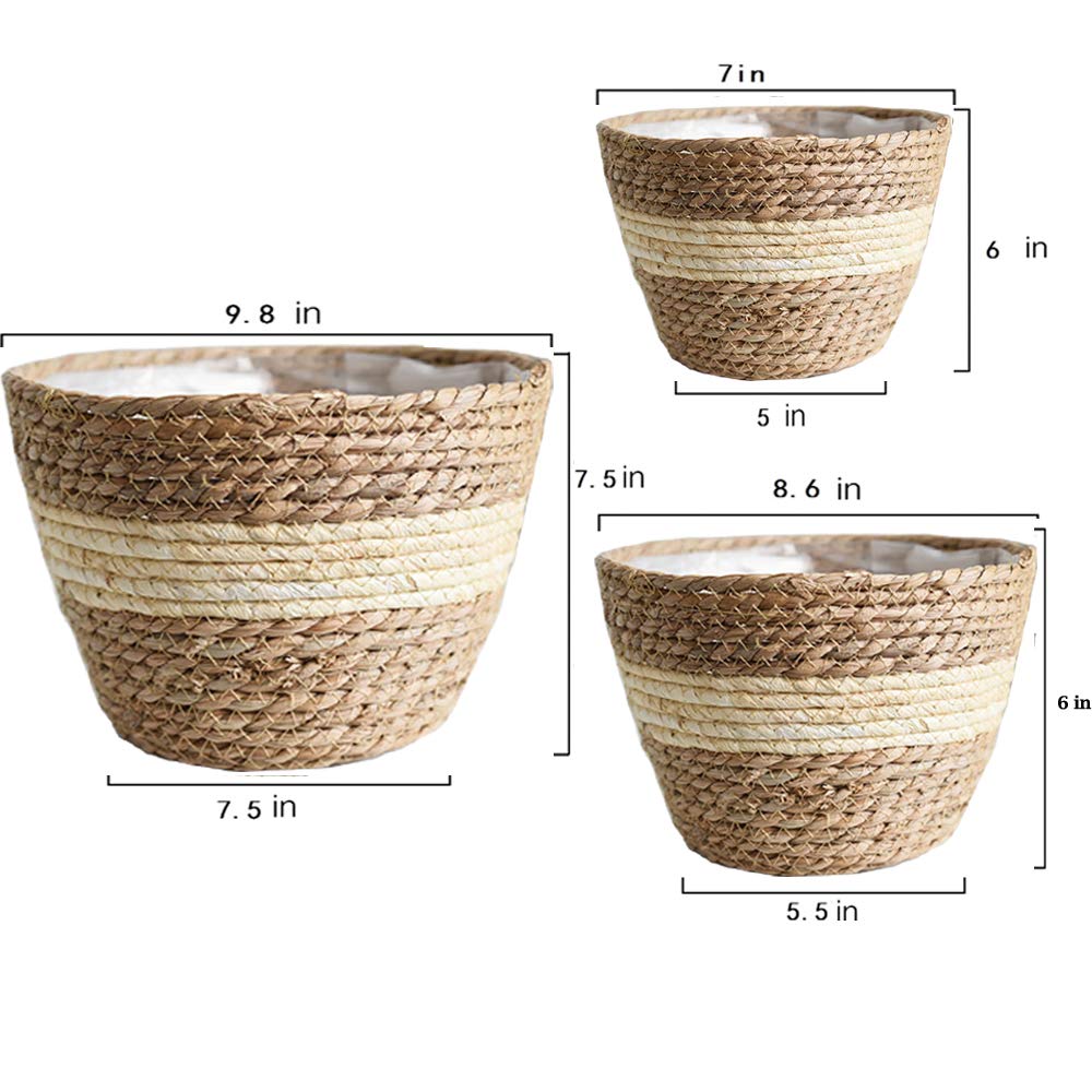 Seagrass Planter Basket - Set of 3 Hand Woven Basket Indoor Outdoor Storage Flower Pot Cover Containers with
