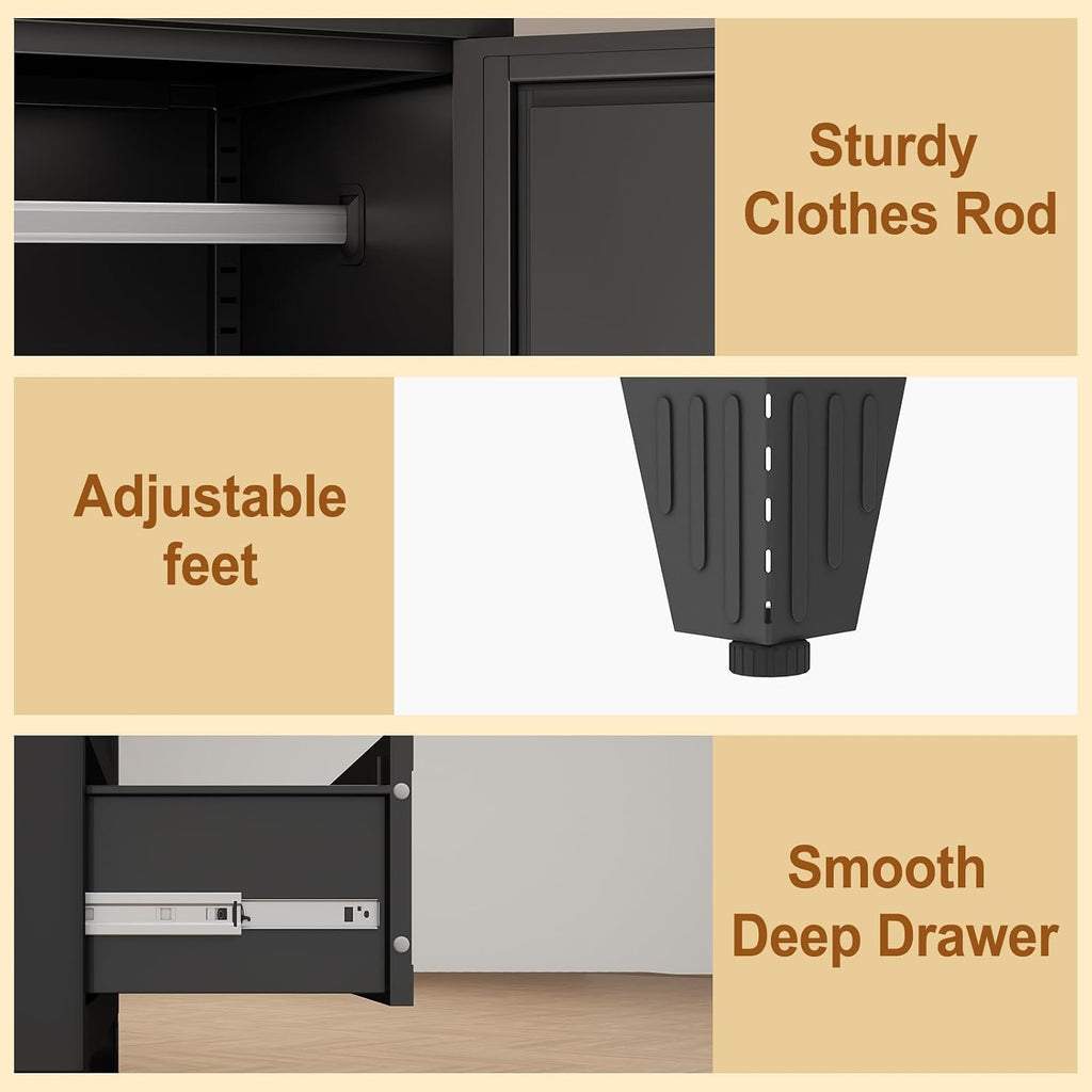 Metal Armoire Wardrobe Closet Storage Cabinet with 2 Doors Black, 71'' Wardrobe with Hanging Rod Metal Closet with