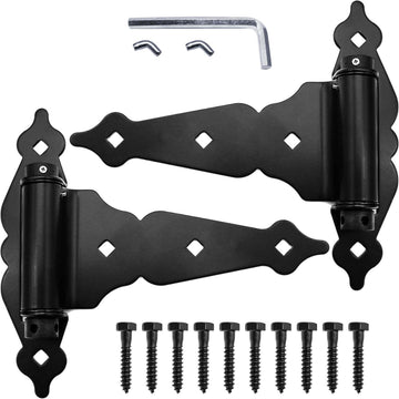 Black Self-Closing T-Strap Gate Hinges - 8" T-Gate Hinge Kit for Wood Fences & Gates, Heavy Duty Hardware (2 Pack)
