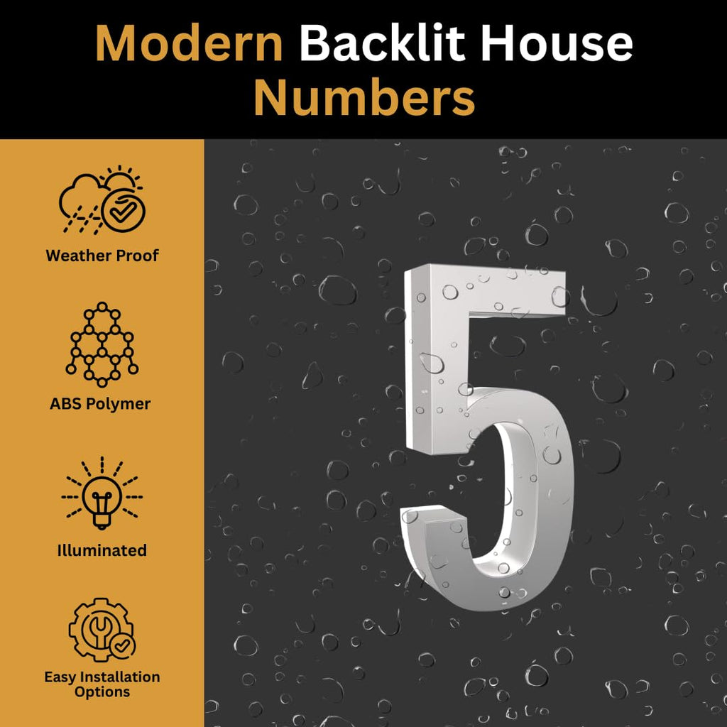 5" Backlit LED House Number, 5000K White Light, ABS Polymer (5, Silver)