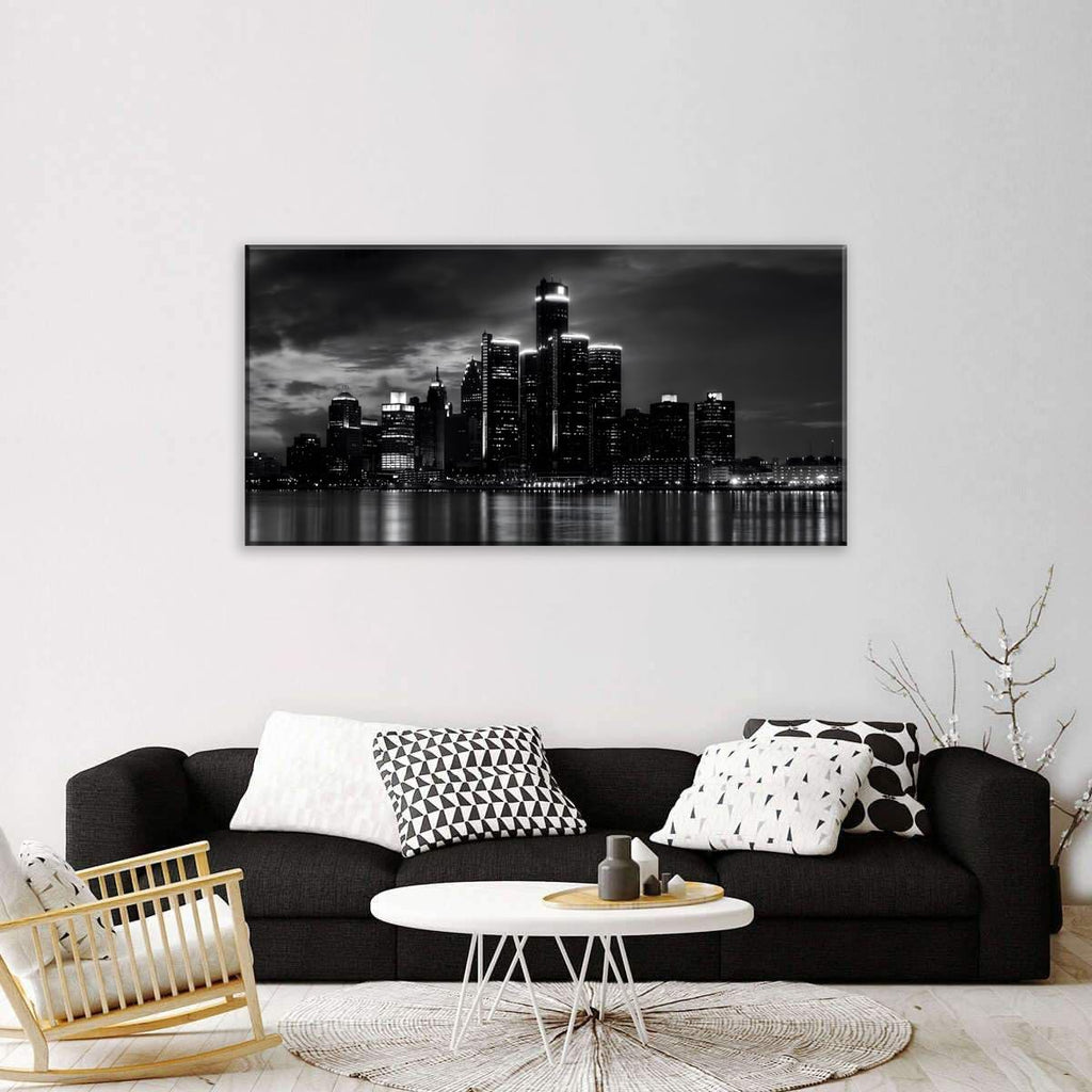 Detroit Skyline Canvas Wall Art Cityscape Night Scene Black & White City Art Print on Canvas Modern Giclee Framed