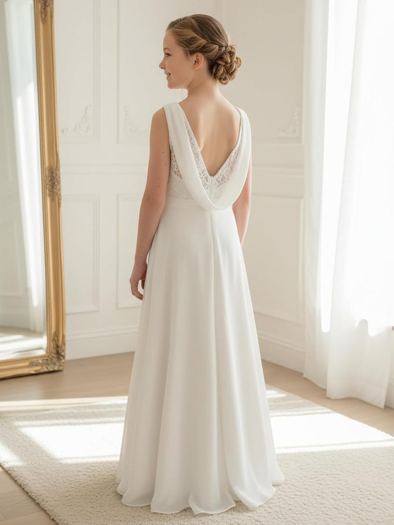 Girls Chiffon Maxi Dress Draped Back Flower Girl Wedding Dress
