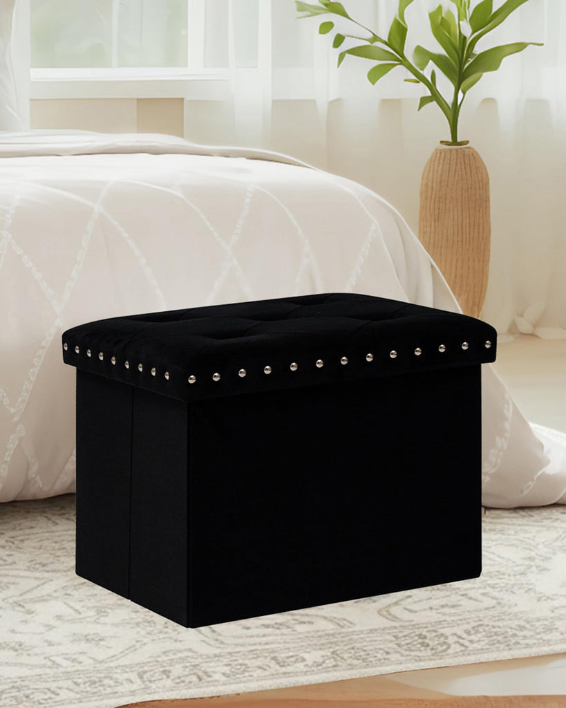 Storage Ottoman Cube, 16.5" Velvet folding Ottoman, Black