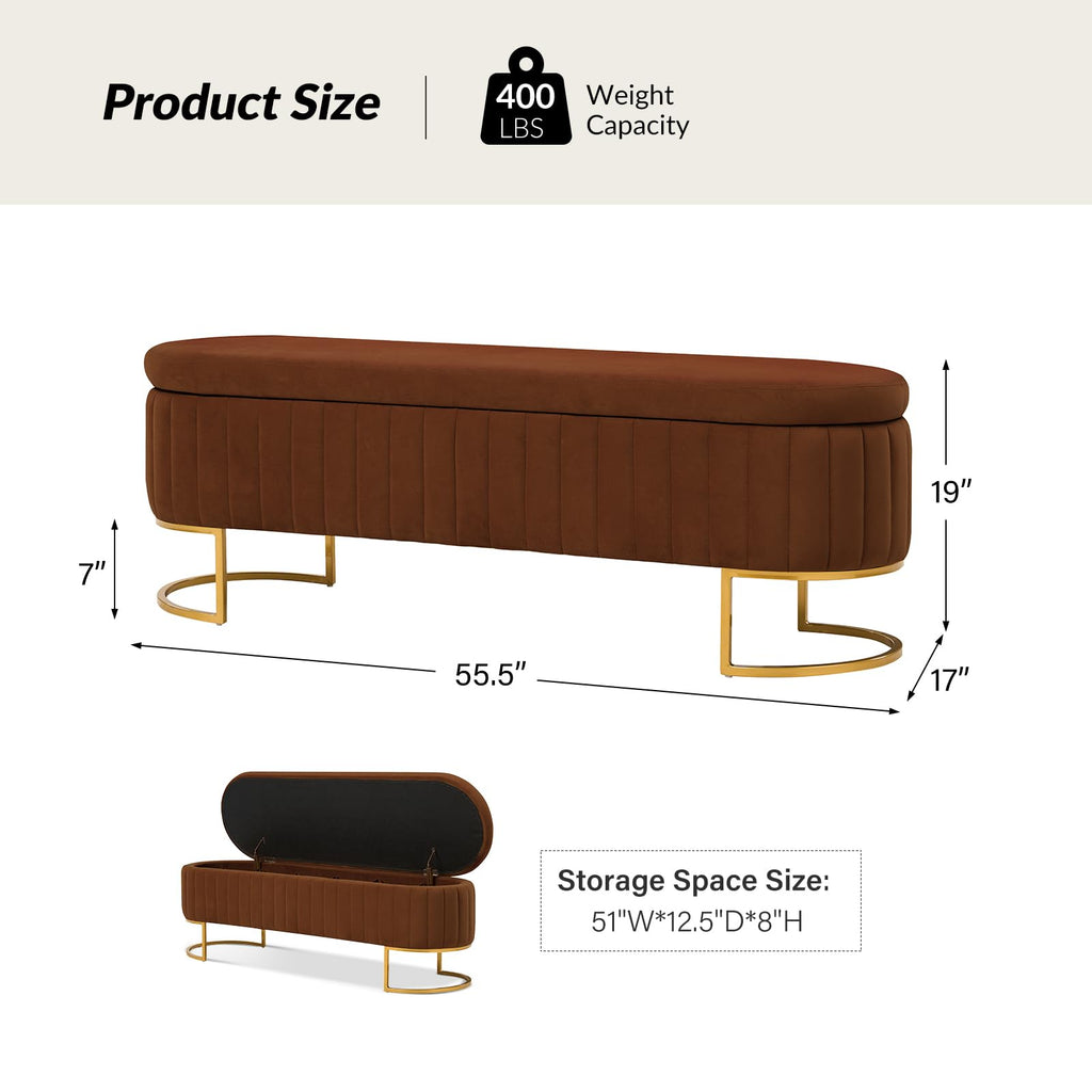 55.5" End of Bed Storage Bench Ottoman, Velvet Upholstered Bedroom Benchs, Large King Size Long Flip Top Entryway