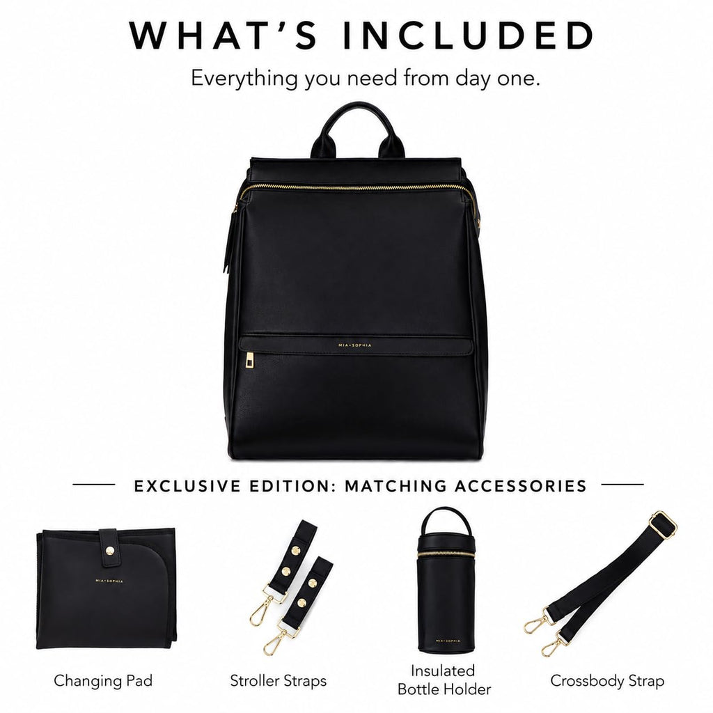 Leather Diaper Bag Backpack with USB Charging port, Changing Pad, Stroller Straps, and Bottle Holder (Black Sophia)
