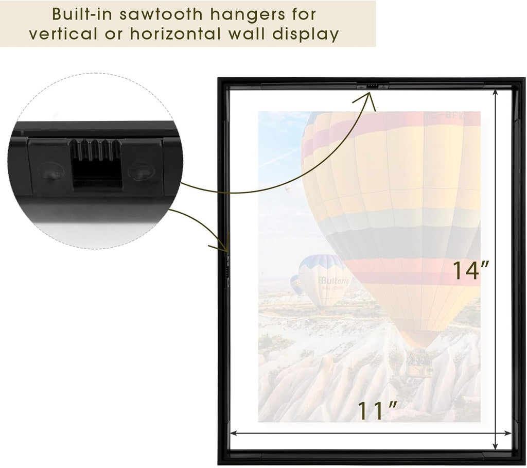 11x14 Black Aluminum Floating Picture Frame, 3 Pack | Display Any Size Photo Up to 11 by 14, Real Glass, Home Gallery