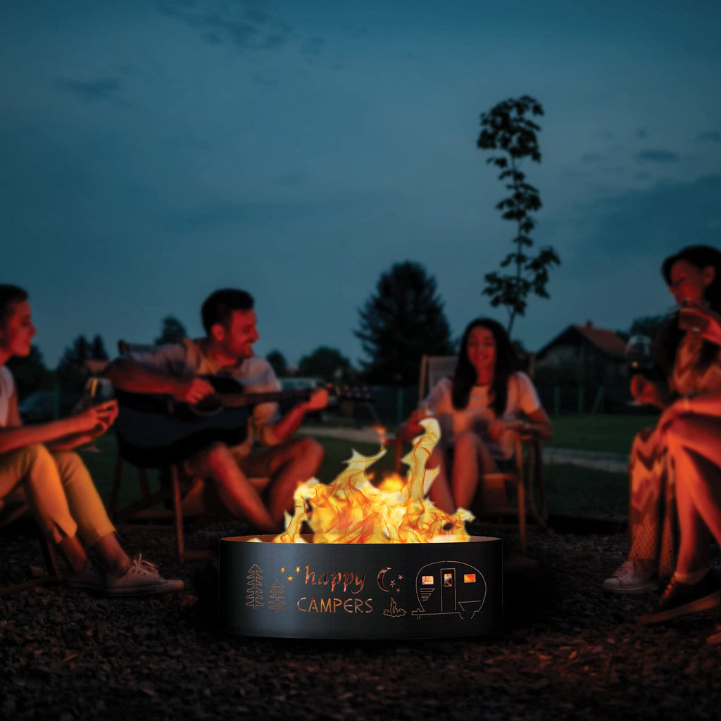 Happy Camper Unpainted 12 in. Tall 30 in. Diameter Outdoor Fire Ring with Fire Poker - 30 x 30 x 12 in.
