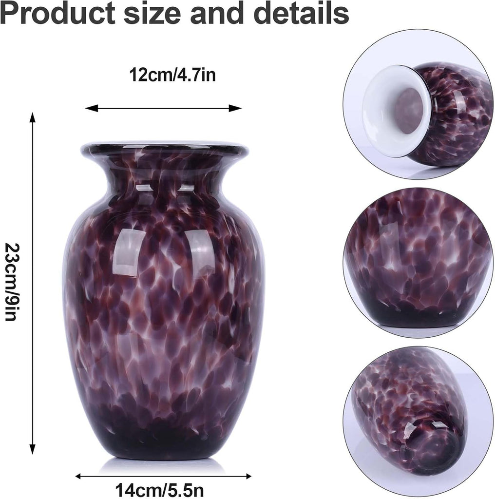 9" Purple Hand Blown Glass Vase - Murano Style Art Glass Sculpture, Stained Colorful Flower Vase for Table