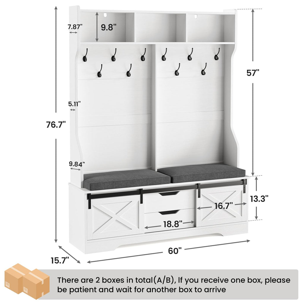 Hall Tree with Bench and Shoe Storage, Entryway Bench with Coat Rack, Modern Farm House Barn Door 3-in-1 Hall Tree
