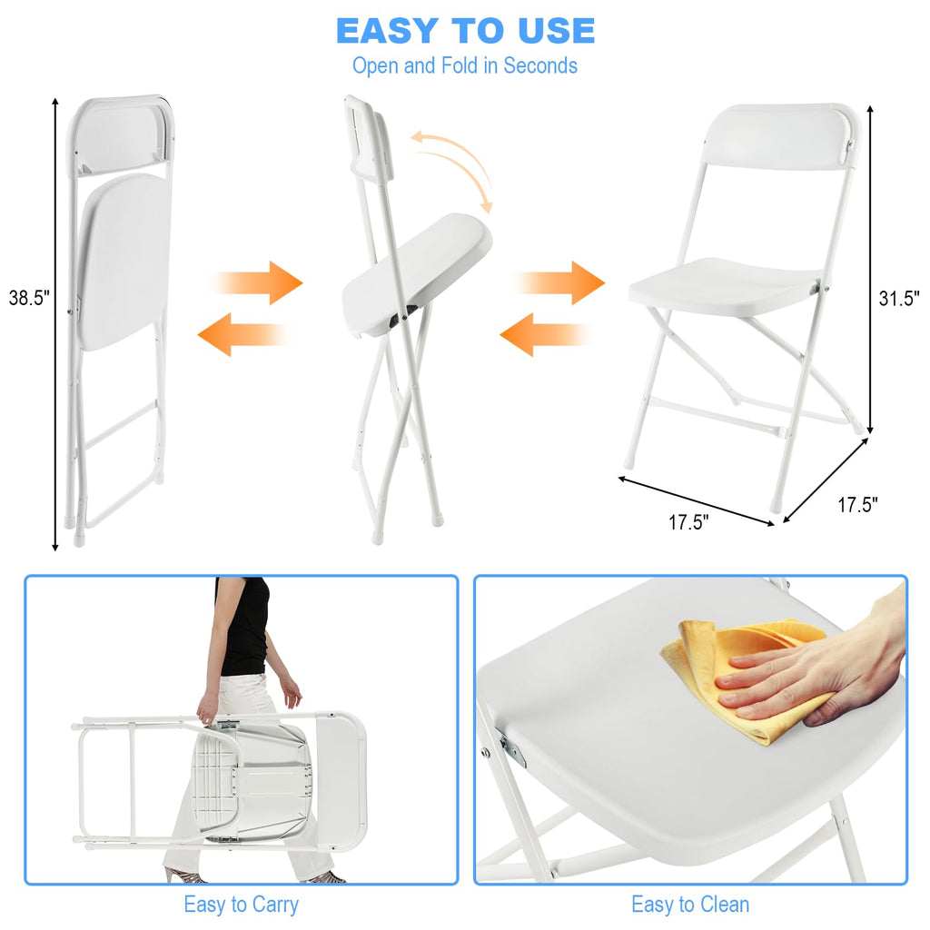 White Folding Chairs 12 Pack, Plastic Folding Chair for Outside, Indoor Outdoor Portable Commercial Seat with Steel
