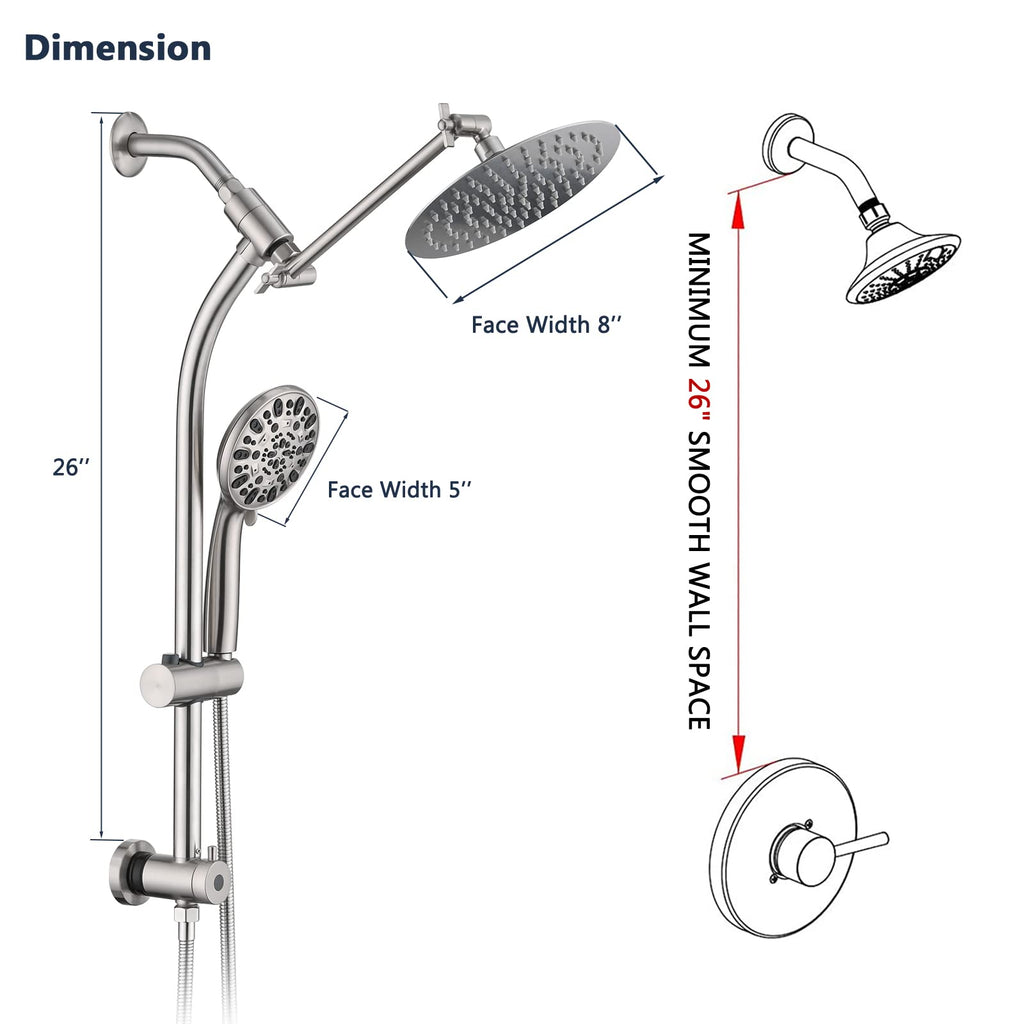 Rainfall 8 Inch Round Shower Head with High Pressure Handheld Spray Combo, Drill-Free Slide Bar with Adjustable
