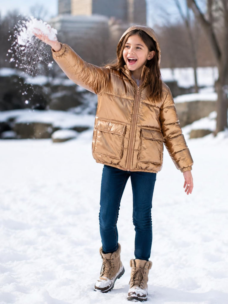 Girls Winter Coat Metallic Shiny Hooded Puffer Jacket