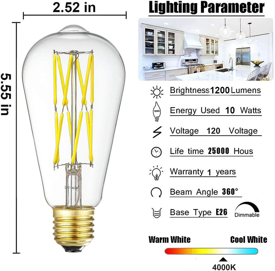 Vintage LED Edison Bulb Dimmable 10W Led Filament Light Bulbs,1200 Lumen,4000K Neutral White,100 Watt Equivalent,E26
