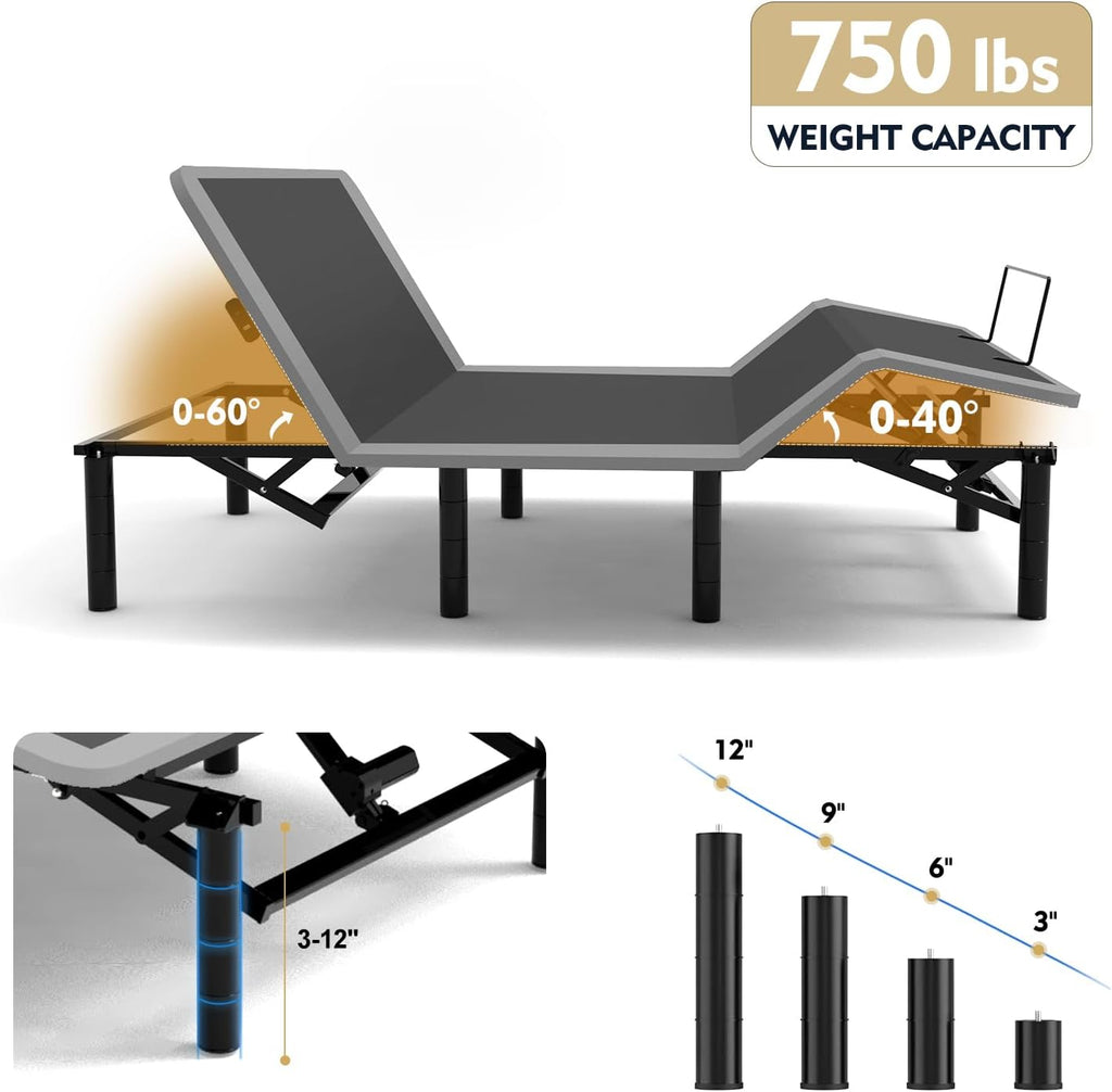 Queen Adjustable Bed Frame with Massage, Head & Foot Incline, Wireless Remote, Dual USB Ports & LED Night Light