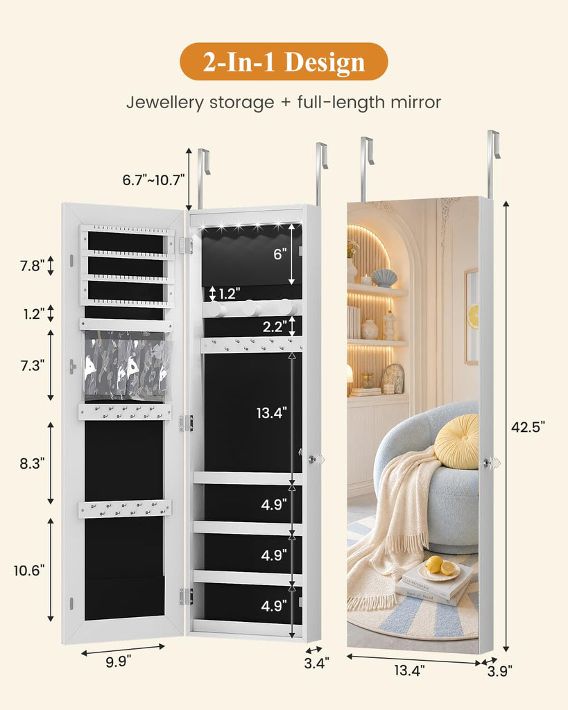 Over The Door Jewelry Organizer, 6 LED Wall Mounted Jewelry Cabinet