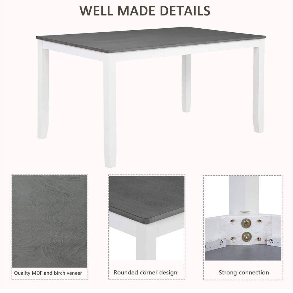 6 Piece Kitchen Dining Set, 58.5" Rectangular Rubber Wood Table with 4 Upholstered Chairs and Bench, Grey & White