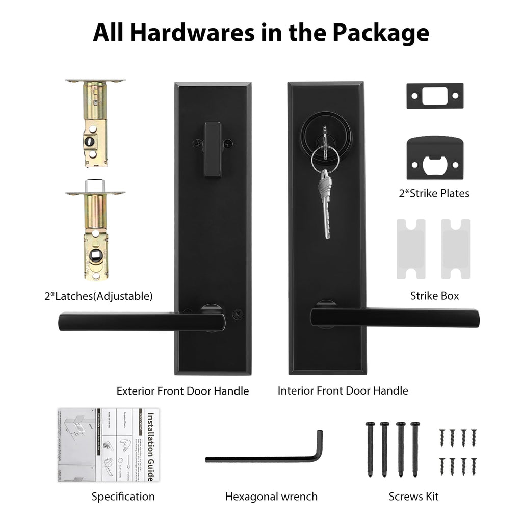 Black Front Door Handle - Entry Door Lever and Deadbolt Set, Matte Black Exterior Door Lock Set, Modern Square Front