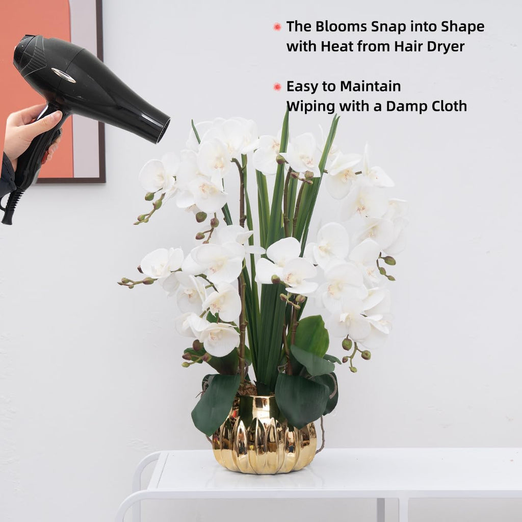 Artificial Orchid Flower Real Touch Faux Orchids in Ceramic Vase Large 22.9'' Fake Flowers White Phalaenopsis Floral