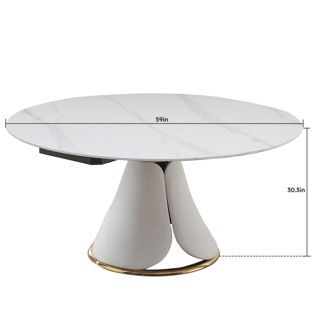 Modern Extendable Dining Table, 59" Round Marble Dining Table, Convertible Rectangular Kitchen Table, White Sintered