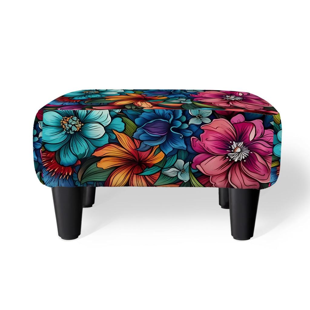 Flower Small Foot Stool Ottoman, Vintage Floral Linen Footrest for Couch