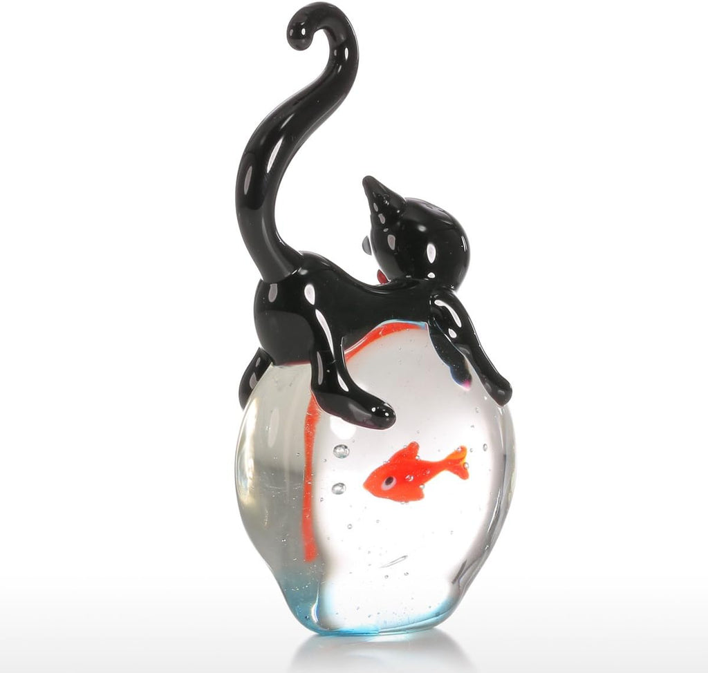 Cat and Goldfish Sculpture Glass Ornament Cat Figurine Hand Blown, Christmas Birthday Gift [Black & Red]