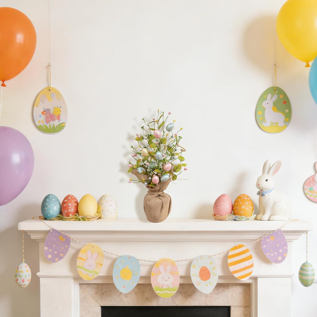 19" Easter Egg Tree Tabletop Decor - Handcrafted Pastel Centerpiece with Pearlized Eggs & Cement Base for Spring
