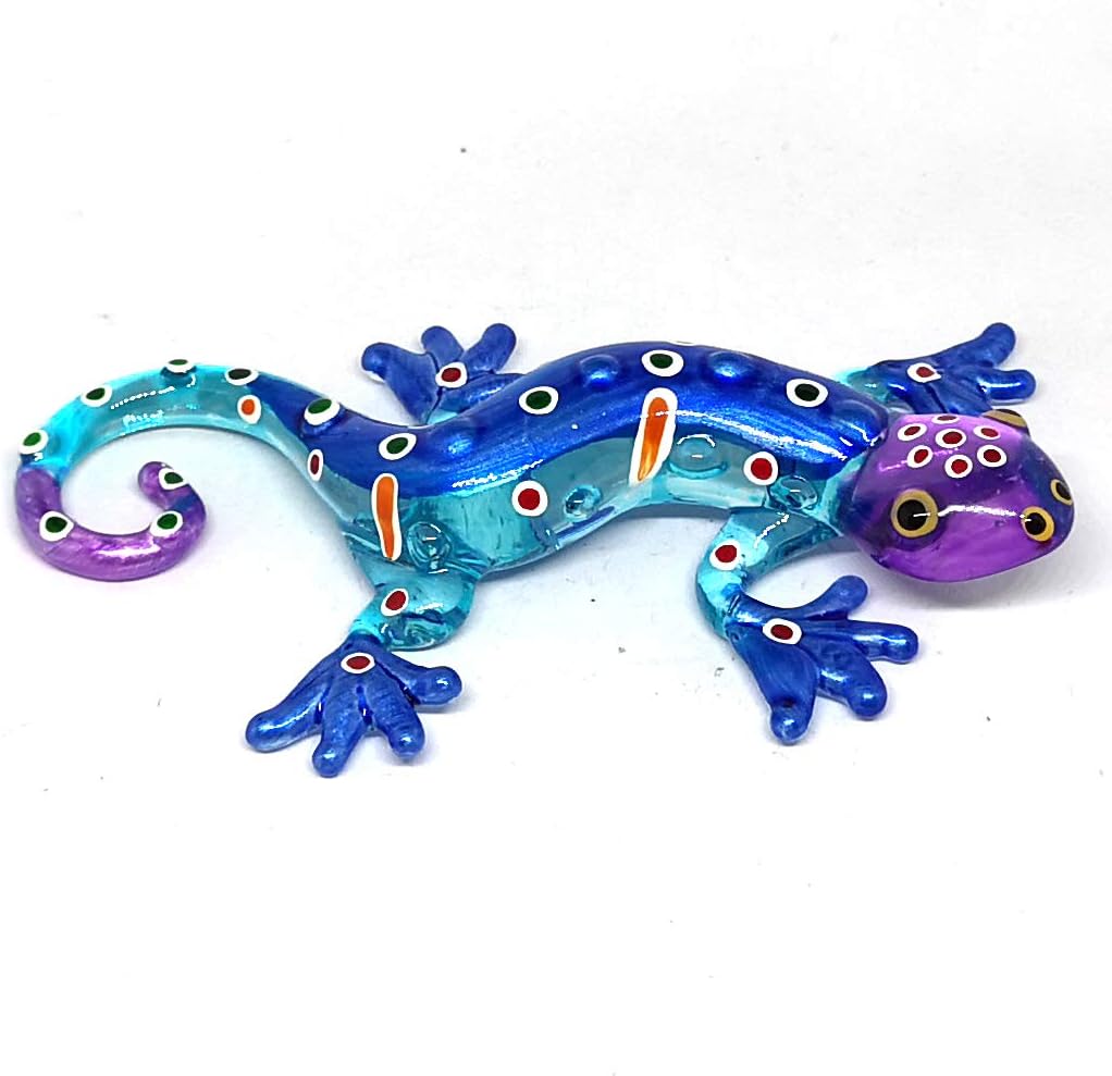 Glass Gecko Figurine Blue Miniature Hand Blown Lampwork Animal Statue Decor