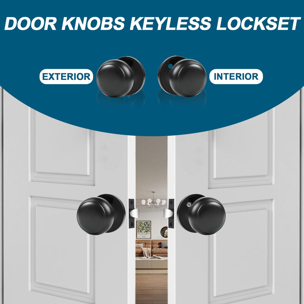 Passage Door Knobs, 5 Pack Matte Black Door Knobs, & Closet Non-Locking Interior Round Door Handles Keyless