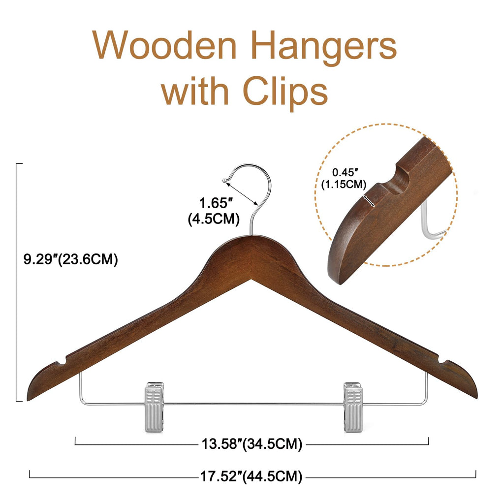 Wooden Suit Hangers with Adjustable Metal Clips (20 Pack), Solid Wood Clothes Hangers, 360° Swivel Hook, Premium