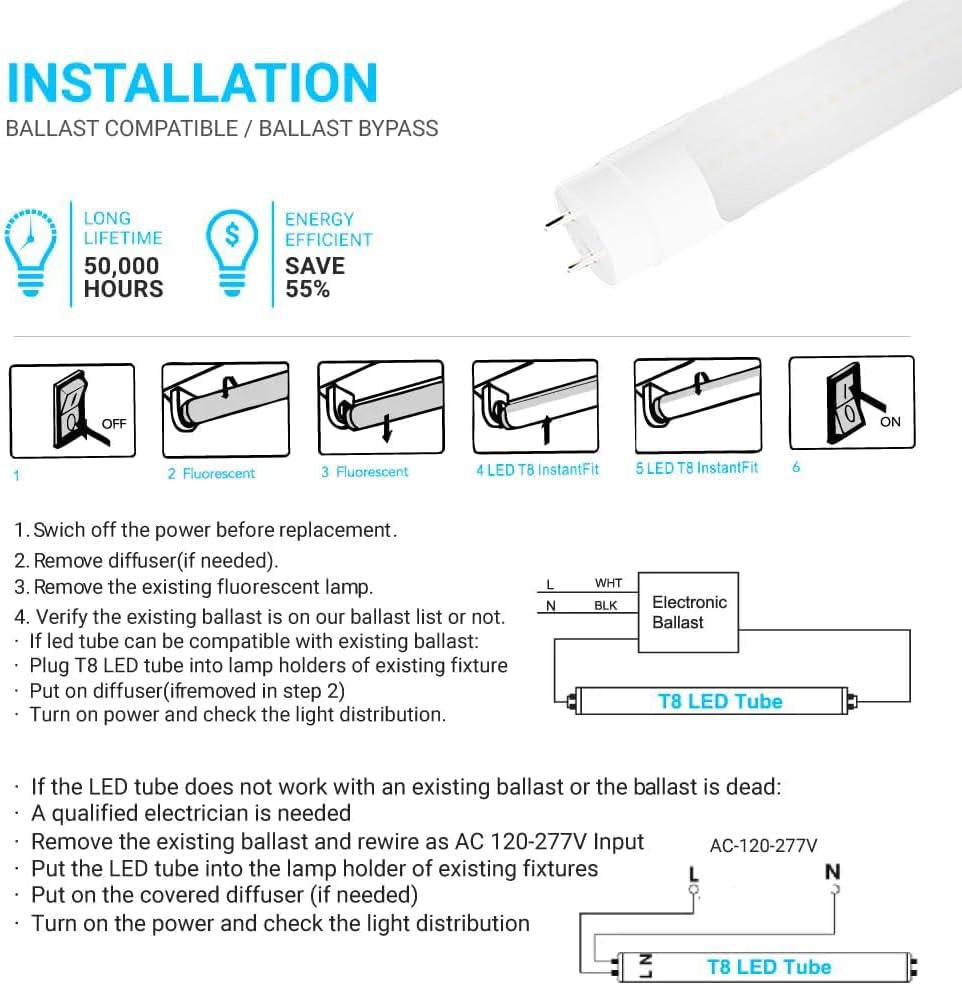 LEDMyplace Hybrid T8 4ft LED Tube/Bulb, 22W/18W/15W/12W Adjustable, 3000K/4000K/5000K/6500K CCT Changeable, G13
