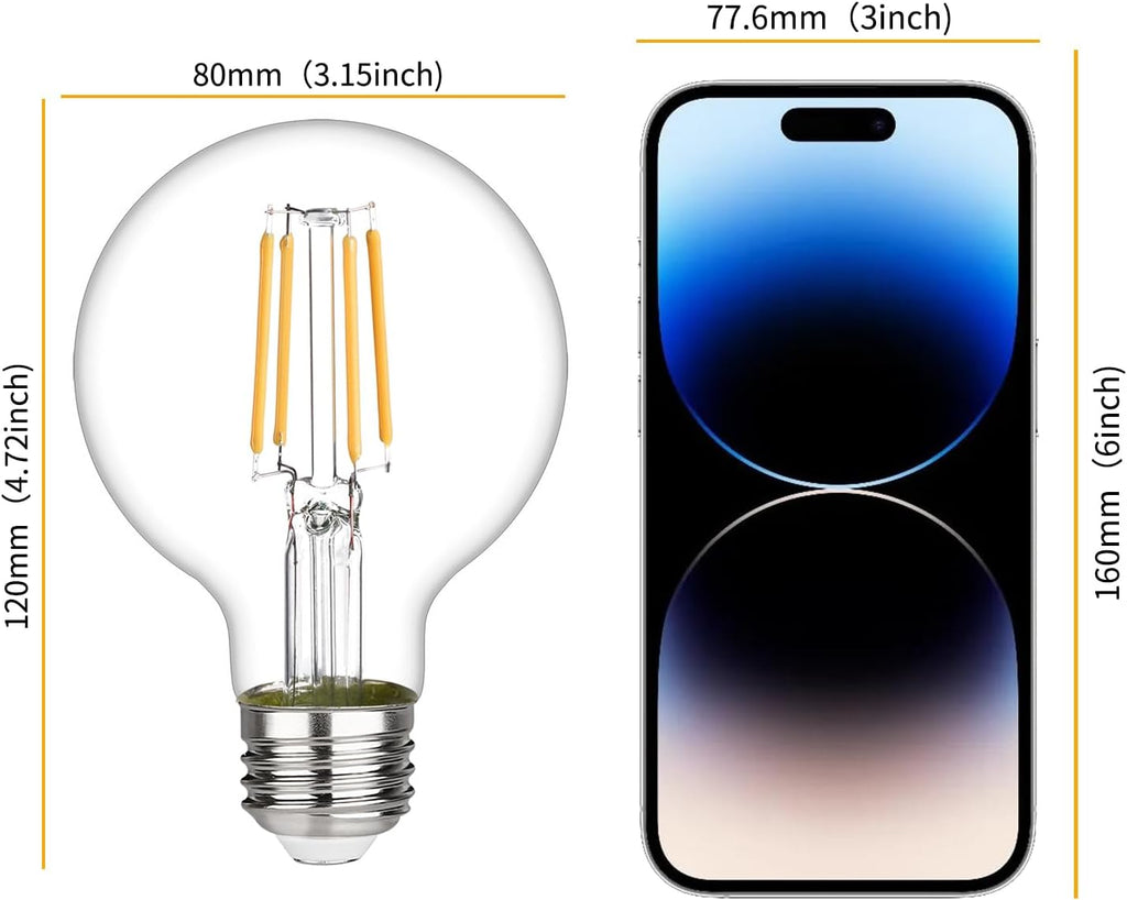6Pack Vintage G25 Edison Light Bulb, Dimmable E26 Base LED Globe Light Bulbs, 6W Equivalent to 60W, CRI 90 Neutral