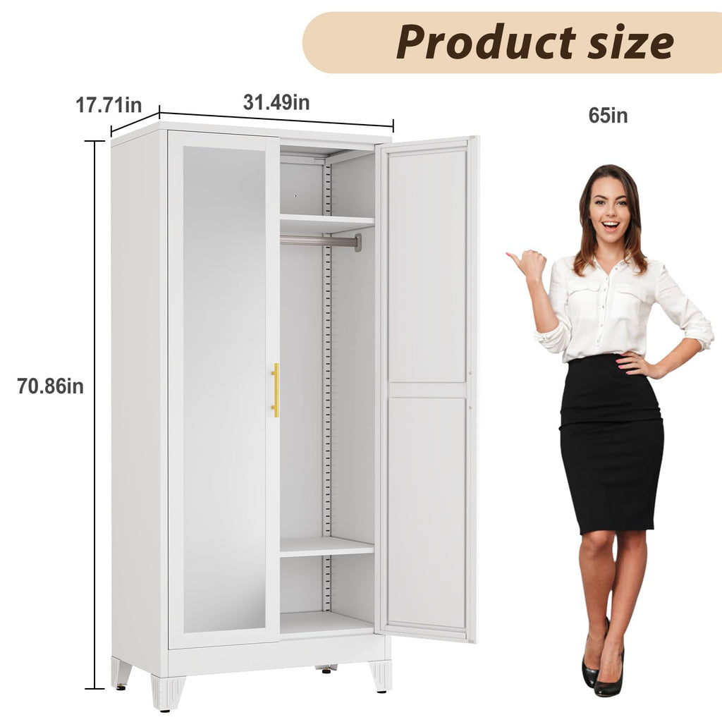 Metal Wardrobe Storage Cabinet with Mirror and Hanging Rod,71'' Metal Clothing Cabinet with 2 Doors and 2 Adjustable