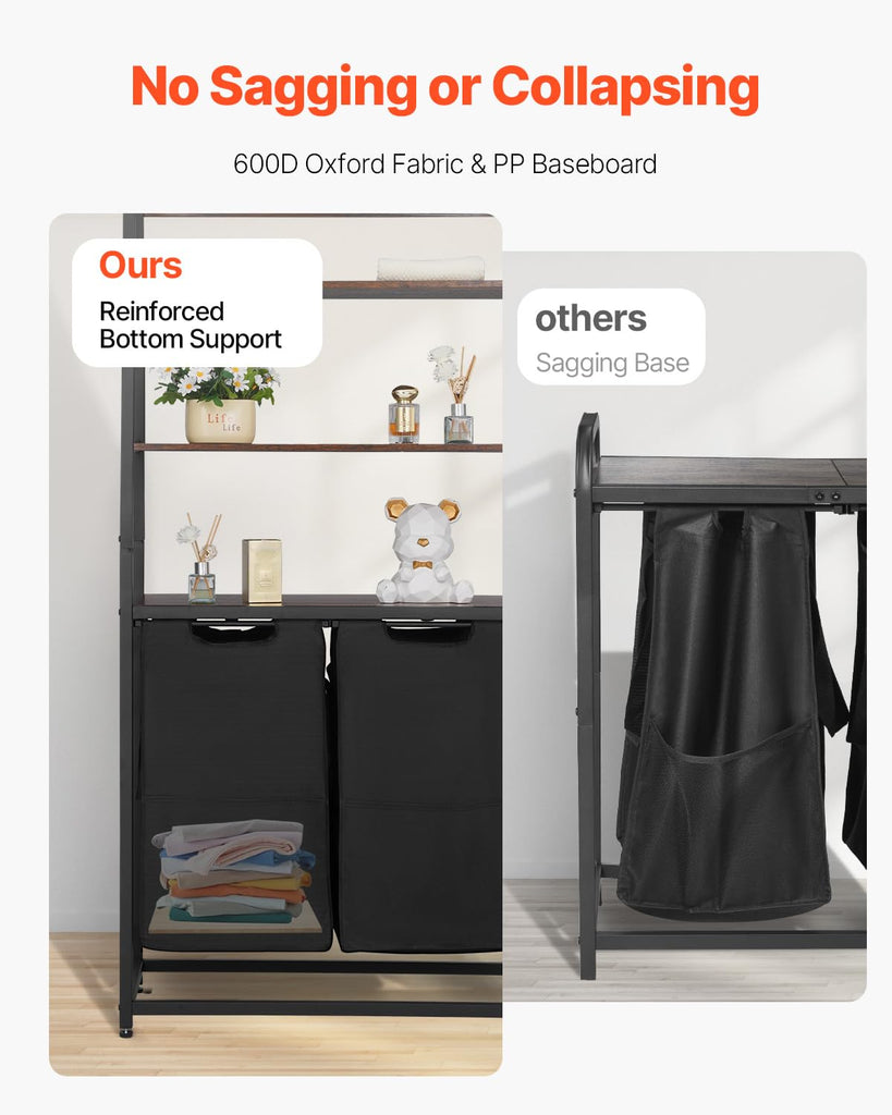 4 Tiers Laundry Sorter, Tall Laundry Hamper with Shelves and Hooks, 2 Section Freestanding Basket Organizer Storage